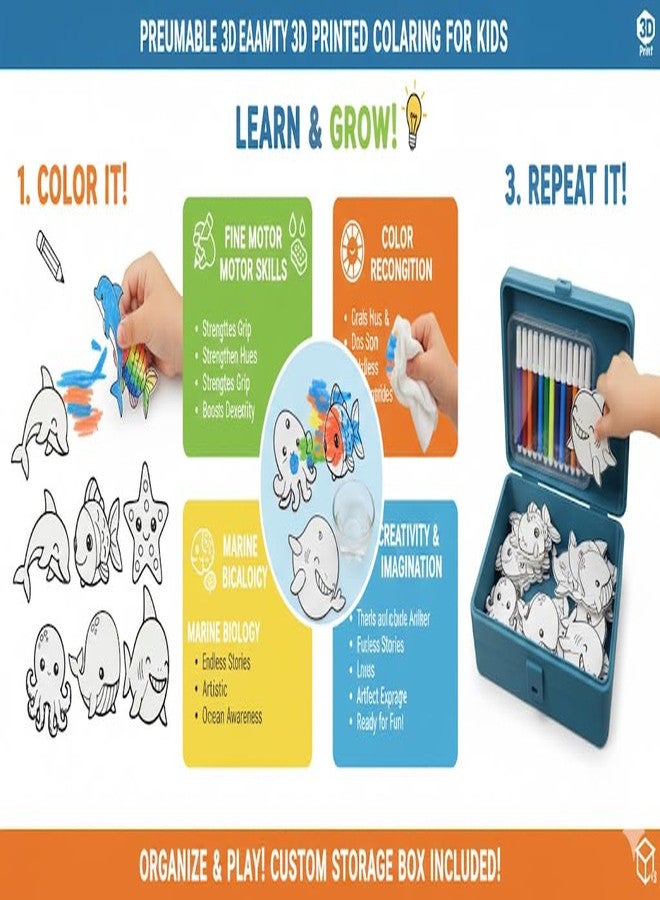 Fun Fry Reusable Coloring Kit for Kids - 12 Sketch Pens | Wipe & Reuse Colouring Sheets | Educational Activity Kit for Age 3-8 | Travel Friendly Learning Toy | Birthday Return Gift for Kids (OCEAN ANIMALS- starfish, octopus, hippo, dolphine, fish, whale) - Image 5